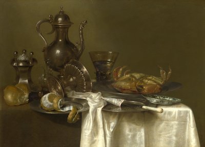 Stillleben: Zinn-, Silbergefäße und eine Krabbe, ca. 1636 von Willem Claesz. Heda