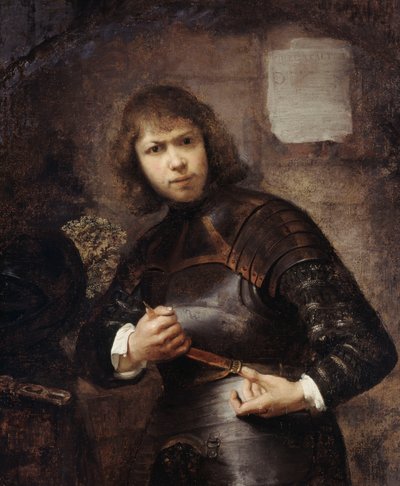 Ein Soldat, stehend, dreiviertel Länge, schnallt seinen Gürtel von Willem Drost