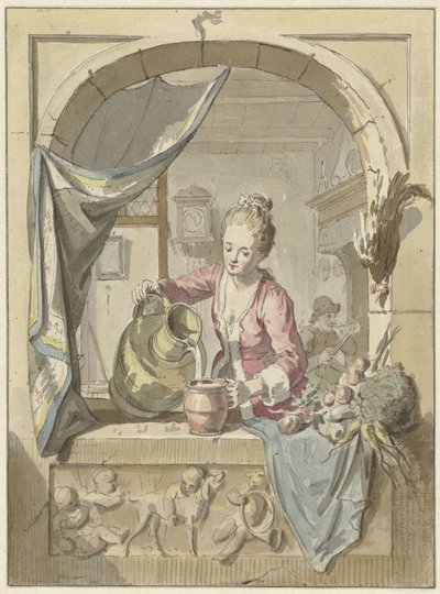 Frau gießt Milch aus einem Krug, in einem Fenster von Willem Joseph Laquy