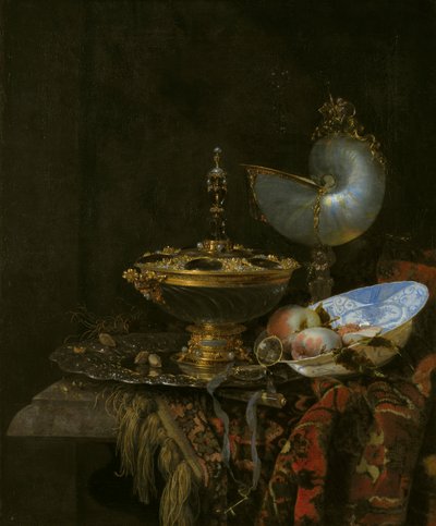Prächtiges Stillleben mit Holbein-Schale, Nautilus und Glaspokal und Obstschale von Willem Kalf