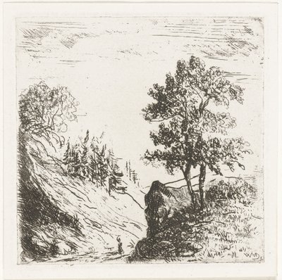 Hügellandschaft mit zwei Bäumen auf Felsen von Willem Matthias Jan van Dielen