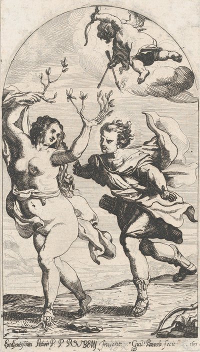 Daphne flieht vor Apollo, mit Amor darüber von Willem Panneels