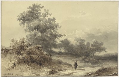 Landschaft mit Gebüsch und einer Figur auf einem Feldweg von Willem Roelofs (I)
