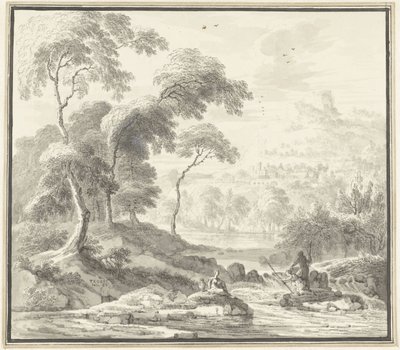 Idyllische Hügellandschaft mit Frauen an einem Bach von Willem Troost (I)