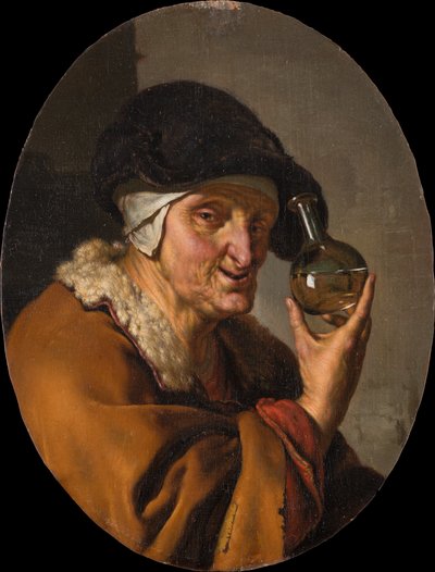 Eine alte Frau mit Uringlas: "Der Quacksalber" von Willem Van Mieris