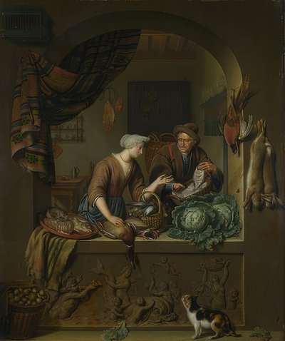 Frau und Fischhändler in der Küche von Willem Van Mieris