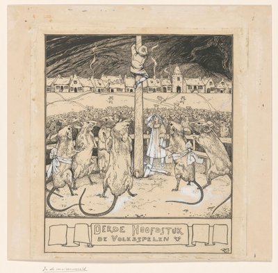 Willy klettert auf einen Pfahl, während die Mäuse zuschauen von Ludwig Willem Reymert Wenckebach
