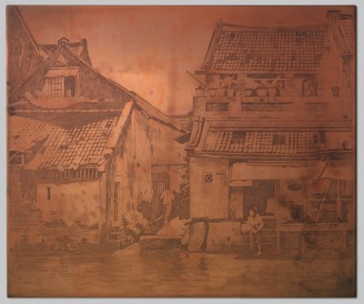 Batavia. Häuser am Kali, Wäscherin an der Treppe eines Hauses rechts von Willem Arnoldus Witsen
