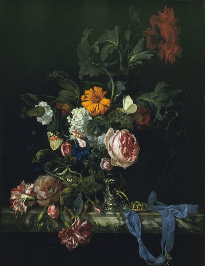 Blumenstillleben mit einer Uhr von Willem van Aelst