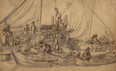 Figuren an Bord kleiner Handelsschiffe, ca. 1650-5 von Willem van de Velde