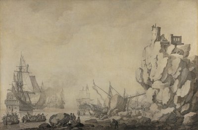 Schiffe und Miliz an einer felsigen Küste von Willem van de Velde the Elder