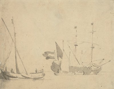 Ein Boeier an einem Pier und ein niederländisches Schiff vor Anker von Willem van de Velde the Younger