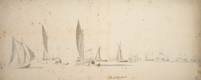 Eine Tochtschuit, Wijdschips und Waterschips bei leichtem Wind, ca. 1664 von Willem van de the Elder Velde