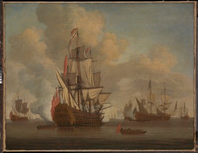 Ruhe: ein englischer Zweidecker mit gelösten Segeln feuert einen Salut von Willem van de the Elder Velde