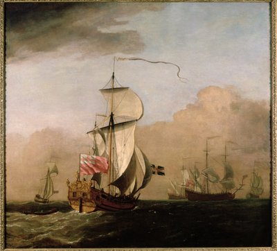 Die Ketsch des zweiten Herzogs von Albemarle mit einer Yacht links und drei Kriegsschiffen in der Ferne rechts von Willem van de Velde the Younger