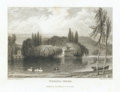 Virginia Water, See Surrey (England), in der Nähe von Windsor, Ansicht des chinesischen Pavillons, umgeben von Bäumen auf einer Insel in der Mitte des Sees. Gravur von J. Lewis nach William Daniell (1769-1837). von William (after) Daniell