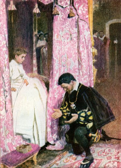 "Der reich gekleidete Erste Lord der Schlafkammer kniete an seinem Bett" von William (after) Hatherell
