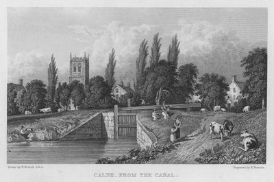 Calne, vom Kanal aus (Stich) von William (after) Westall