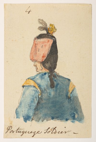 Portugiesischer Soldat aus einem Album von 372 Zeichnungen von Landschaften, Küstenlinien, Kostümen und Alltagsleben während der Gesandtschaft von Lord Macartney an den Kaiser von China, zwischen 1792 und 1794 von William Alexander