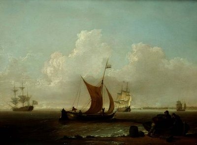 Niederländische Schiffe vor der Küste Hollands mit Fischern beim Beladen eines Bootes an Land von William Anderson