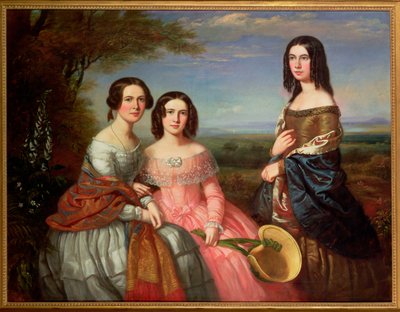 Gruppenporträt von drei Mädchen, Dreiviertellänge, in einer Landschaft von William Baker