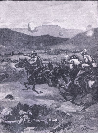 Die Schlacht von Colenso: Leutnant Roberts galoppiert, um das Desaster mit den Kanonen zu beheben, Illustration aus Cassells Geschichte Englands, 1900er Jahre von William Barnes Wollen
