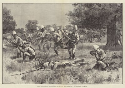 Die Hampshire Mounted Infantry in Burma, ein plötzlicher Angriff von William Barnes Wollen