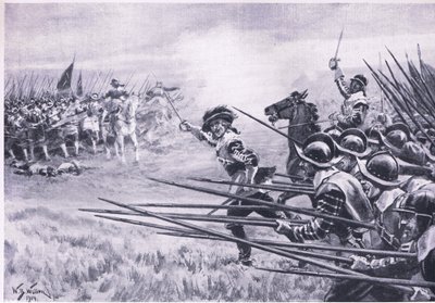 Der Angriff der royalistischen Infanterie bei Naseby, Juni 1645, Illustration aus British Battles on Land and Sea, 1915 von William Barnes Wollen