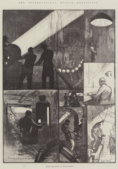 Die Internationale Gesundheitsausstellung, hinter den Kulissen bei den Brunnen von William Bazett Murray