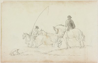 Zwei Männer zu Pferd mit zwei Pferden und Hund von William Beilby