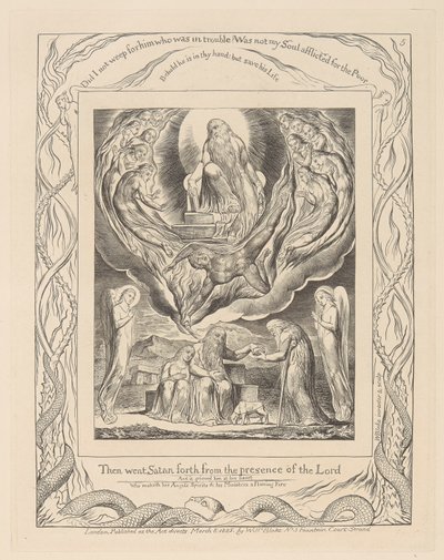 Buch Hiob, Platte 5, Satan geht aus der Gegenwart des Herrn und Hiobs Barmherzigkeit von William Blake