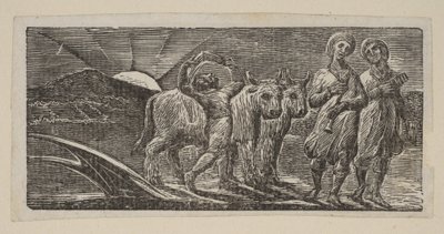 Junge kehrt freudig zurück, mit Pflug und Ochsen, aus Thorntons Pastoralen von Virgil, 1821 von William Blake
