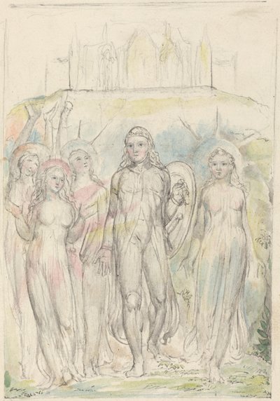 Christian mit dem Schild des Glaubens nimmt Abschied von seinen Gefährten von William Blake
