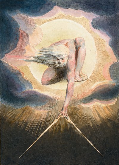 Der Uralte der Tage - Urizen misst die materielle Welt - Illustration des Frontispizes des Buches „Europa. Eine Prophezeiung.“ Zeichnung von William Blake (1757-1827) von William Blake