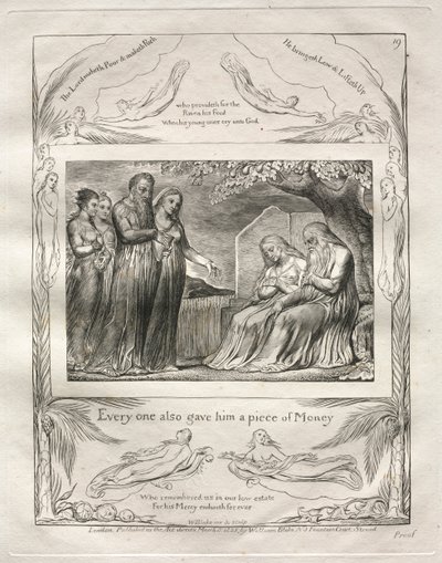 Das Buch Hiob: Pl. 19, Jeder gab ihm auch ein Stück Geld, 1825 von William Blake
