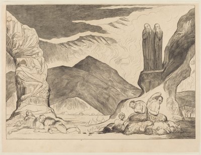 Der Kreis der Fälscher: Dante und Virgil halten sich die Nasen zu wegen des Gestanks von William Blake
