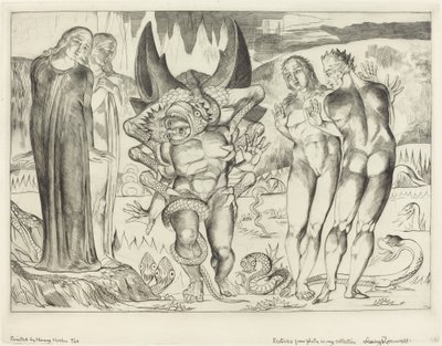 Der Kreis der Diebe, Agnolo Brunelleschi von einer sechsfingrigen Schlange angegriffen, 1827 von William Blake