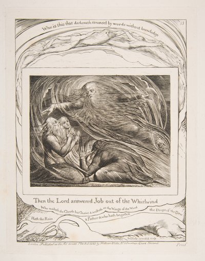 Der Herr antwortet Hiob aus dem Wirbelwind, aus Illustrationen des Buches Hiob, 1825-26 von William Blake