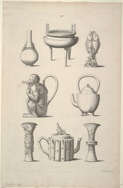 Entwürfe für Geschirr, Tafel XV von Entwürfe chinesischer Gebäude, Möbel, Kleider, Maschinen und Utensilien von William Chambers