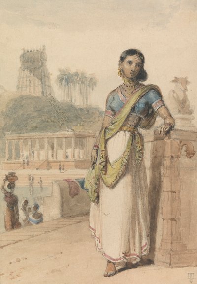 Eine hochkastige Frau steht an einer Wand von William Daniell