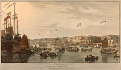 Europäische Handelsposten (Ostindien-Kompanien) in Kanton, China. Gezeichnet und graviert von William Daniell (1769-1837) 1805 von William Daniell