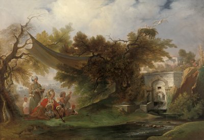 Indische Landschaft mit Figuren an einem Bach von William Daniell