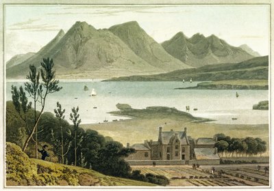 Westansicht von der Insel Raasay (Schottland), mit Beschreibung eines großen Gebäudes und seiner angrenzenden Gärten. Farbradierung von William Daniell (1769-1837) von William Daniell