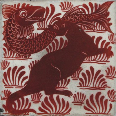 Mystisches Tier greift einen Fisch an von William de Morgan