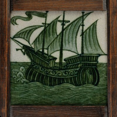 Fliesenpaneel von Schiffen in voller Fahrt, im Rahmen, ca. 1865-80 von William de Morgan