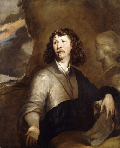 Porträt eines Gentlemans, möglicherweise der Künstler, halblang, in einem braunen Umhang und blauer Wickel, neben einer Marmorbüste, in einer felsigen Landschaft von William Dobson