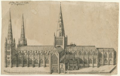 Lichfield Kathedrale - Südansicht: Kupferstich, undatiert [?Mitte 17. Jahrhundert] von William Dugdale