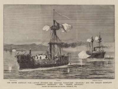 Der Südamerikanische Krieg, Aktion zwischen dem peruanischen Turmschiff Huascar und den chilenischen Panzerschiffen Almirante Cochrane und Blanco Encalada von William Edward Atkins