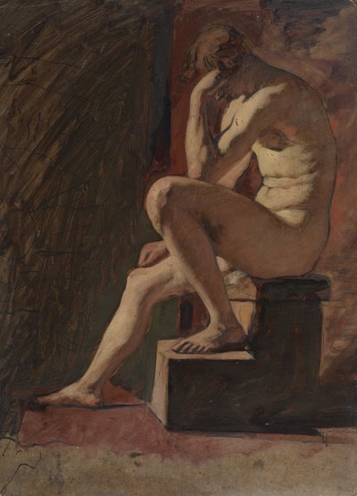 Sitzender männlicher Akt, Kopf auf Hand ruhend, linker Fuß auf Block von William Etty