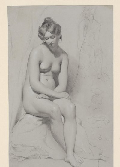 Sitzendes nacktes weibliches Modell mit hoher Frisur, daneben nochmals skizziert von William Etty